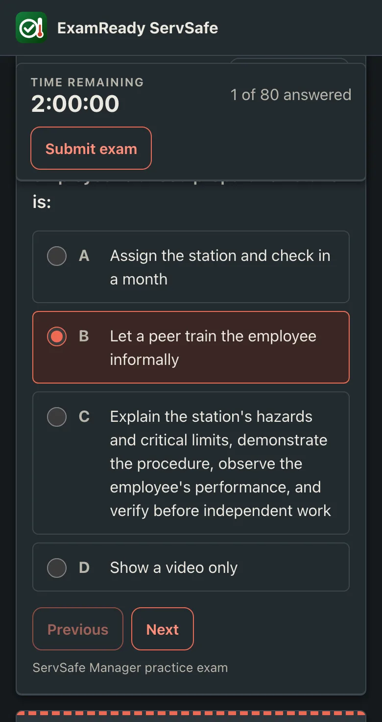 ServSafe timed exam simulator on a phone with the countdown clock, a question and its answer choices