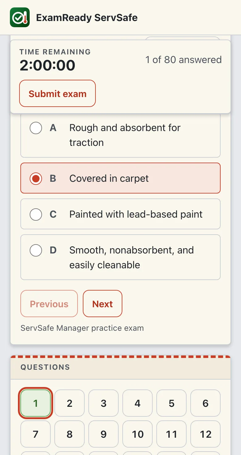ServSafe timed exam simulator on a phone with the countdown clock, a question and its answer choices