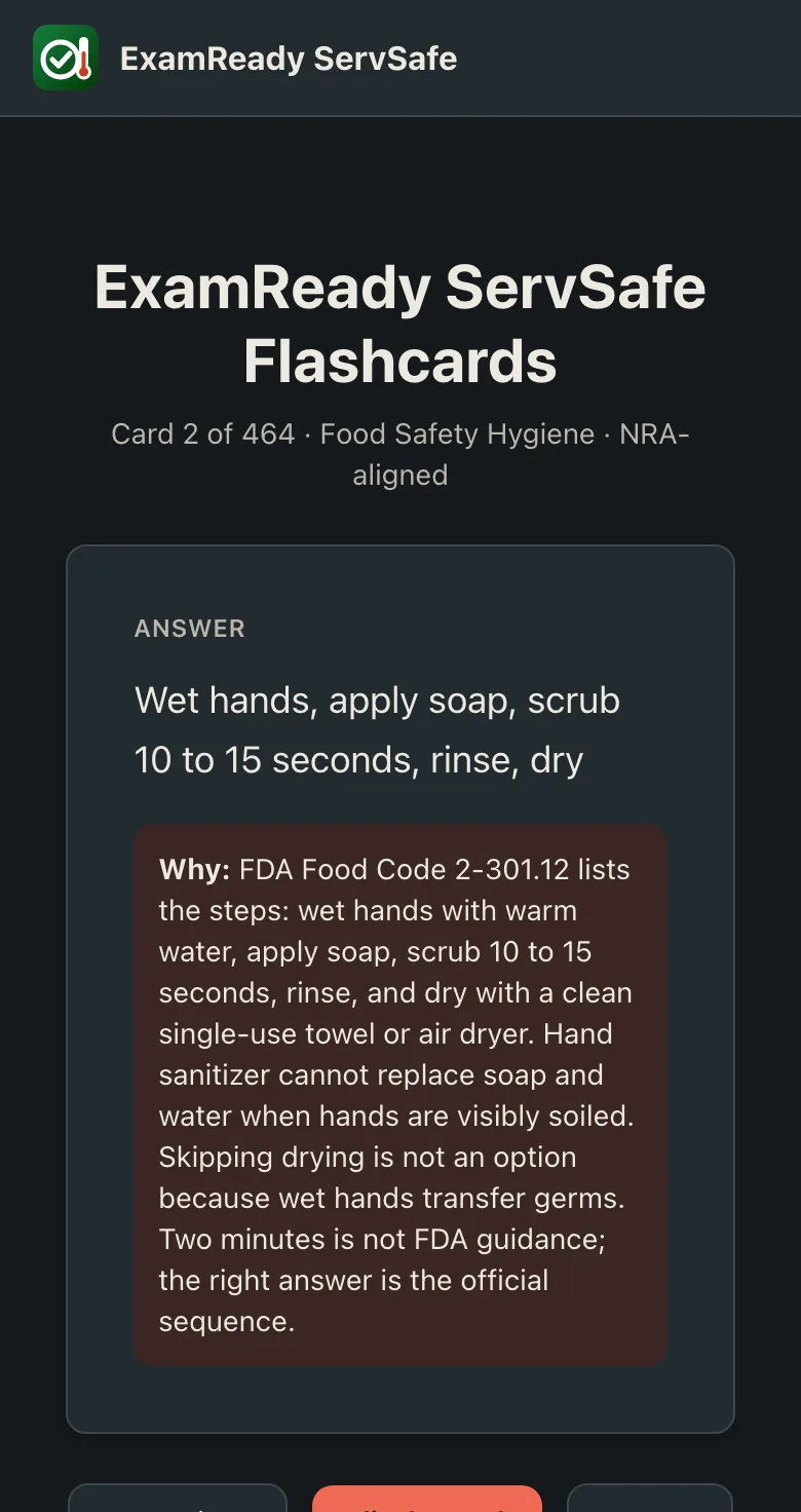 ServSafe flashcard on a phone showing the answer and the reason it is correct