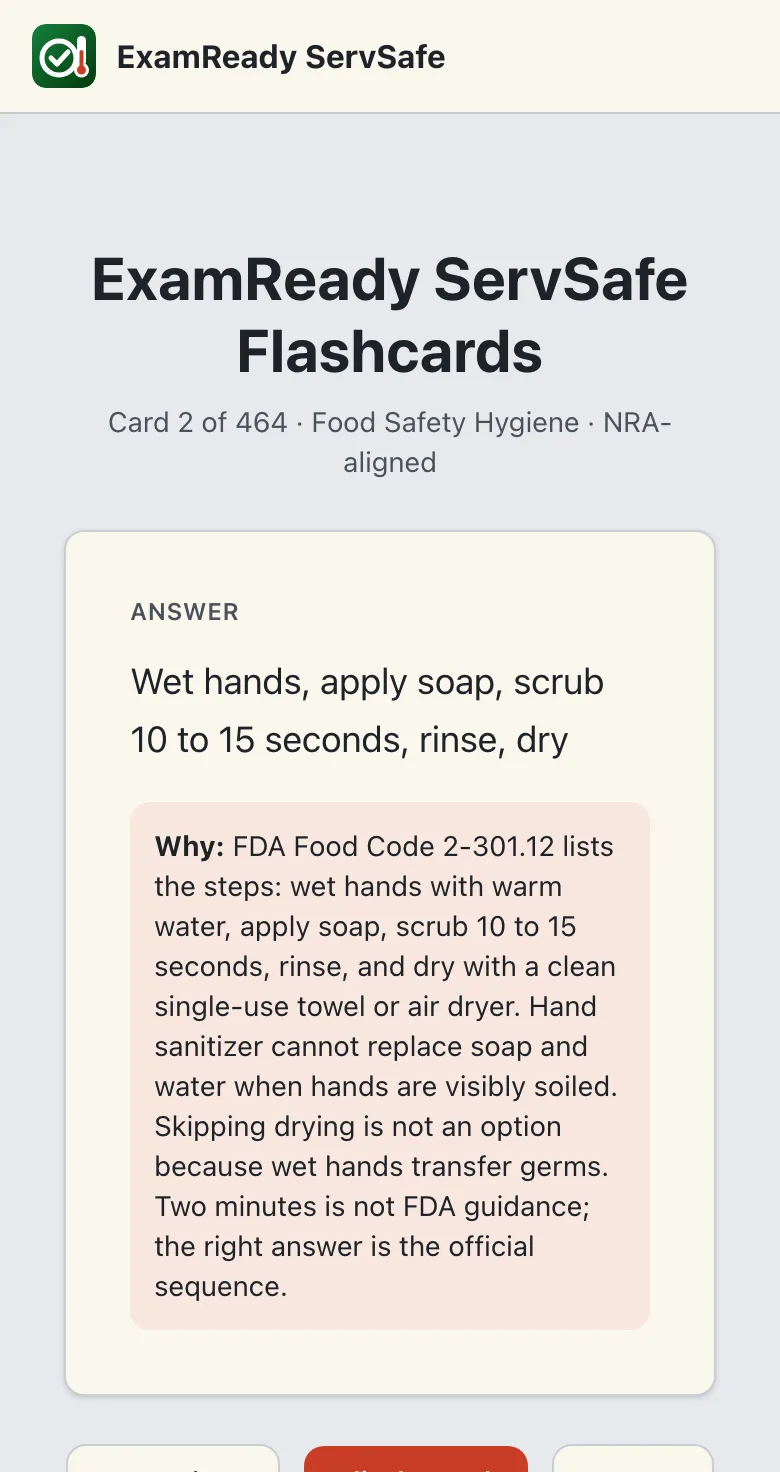 ServSafe flashcard on a phone showing the answer and the reason it is correct