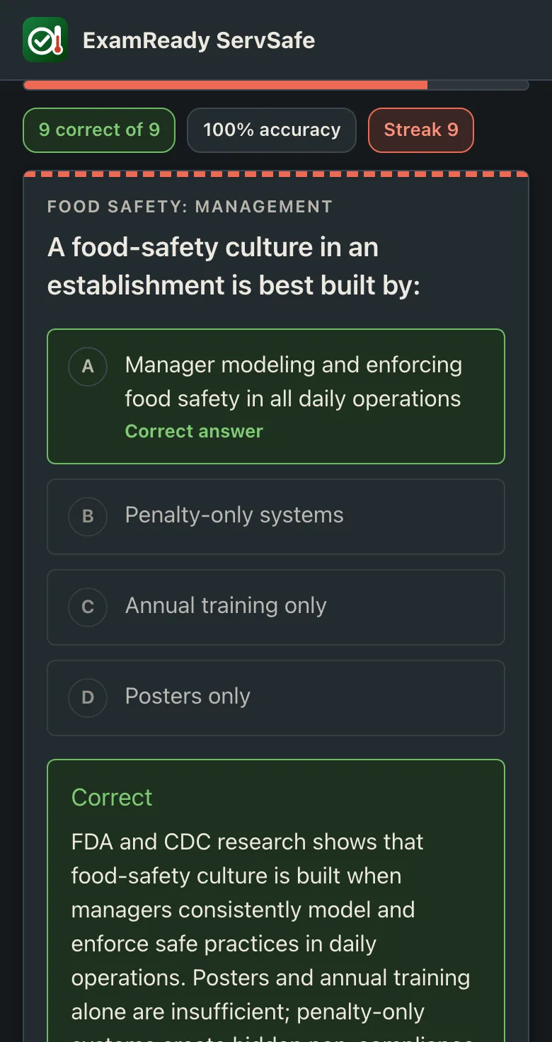 ServSafe practice feedback on a phone: the correct choice highlighted with the explanation below it