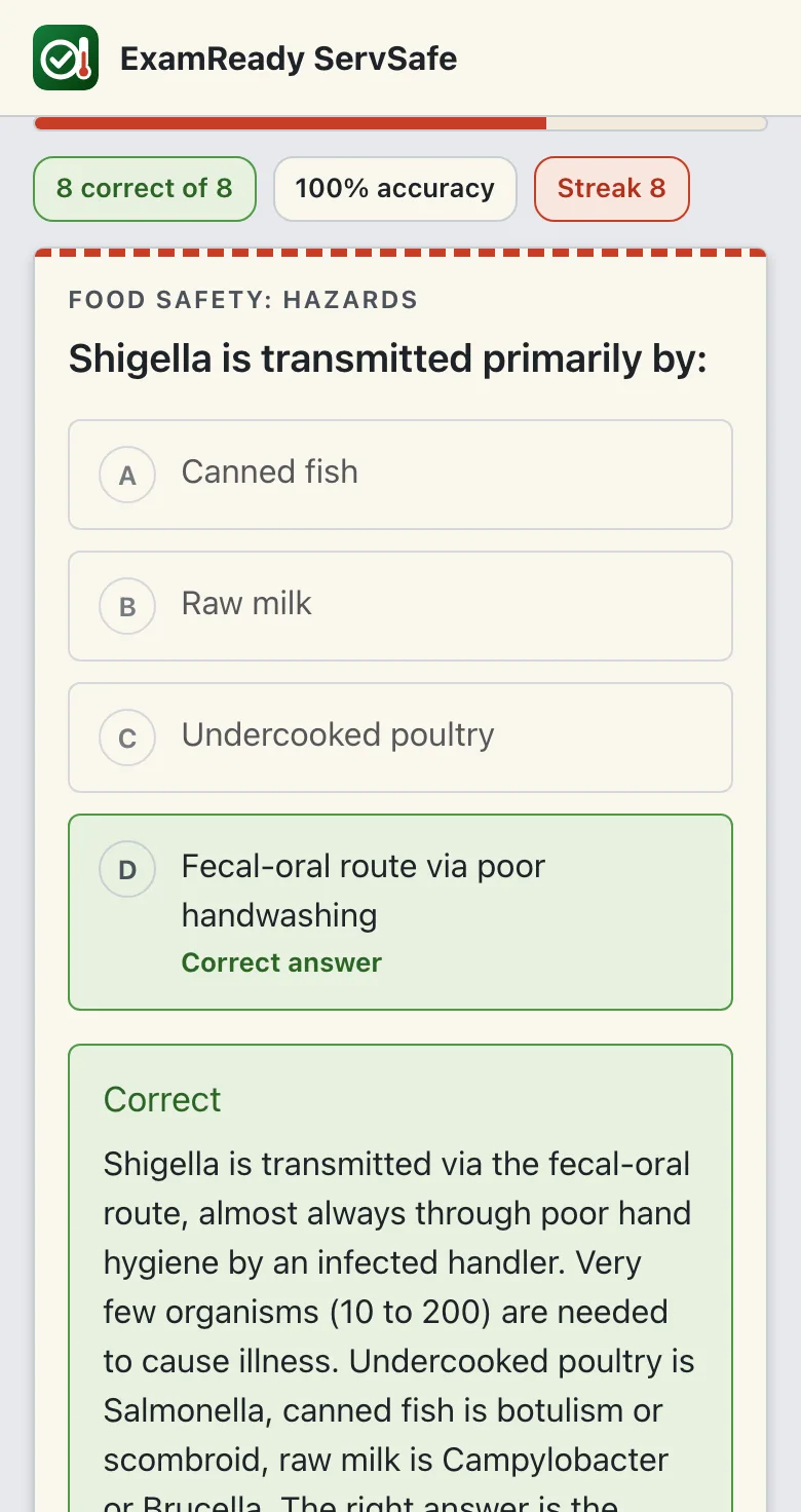 ServSafe practice feedback on a phone: the correct choice highlighted with the explanation below it