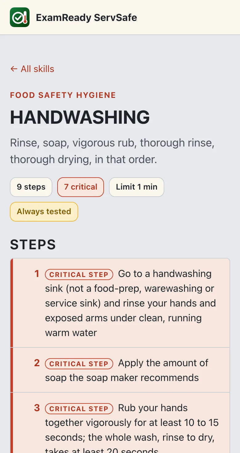 ServSafe skill page for Handwashing on a phone with numbered steps and critical steps flagged