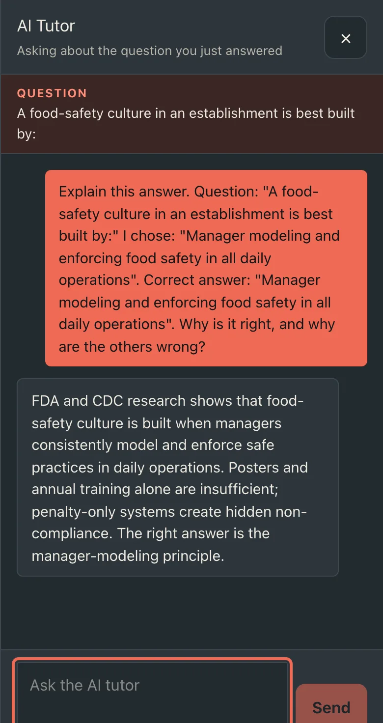 ServSafe AI tutor panel on a phone explaining the answer to a practice question